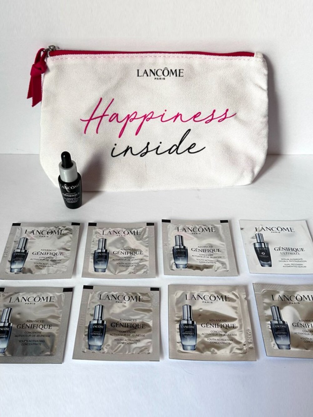 Lancôme Advanced Génifique Face Serum Bundle: 7ml Travel Size, 8 Packets & Bag